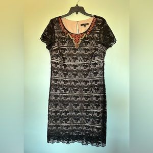 Black Lace Cocktail Dress with Wood Bead Detailing - Size 12 - Sangria